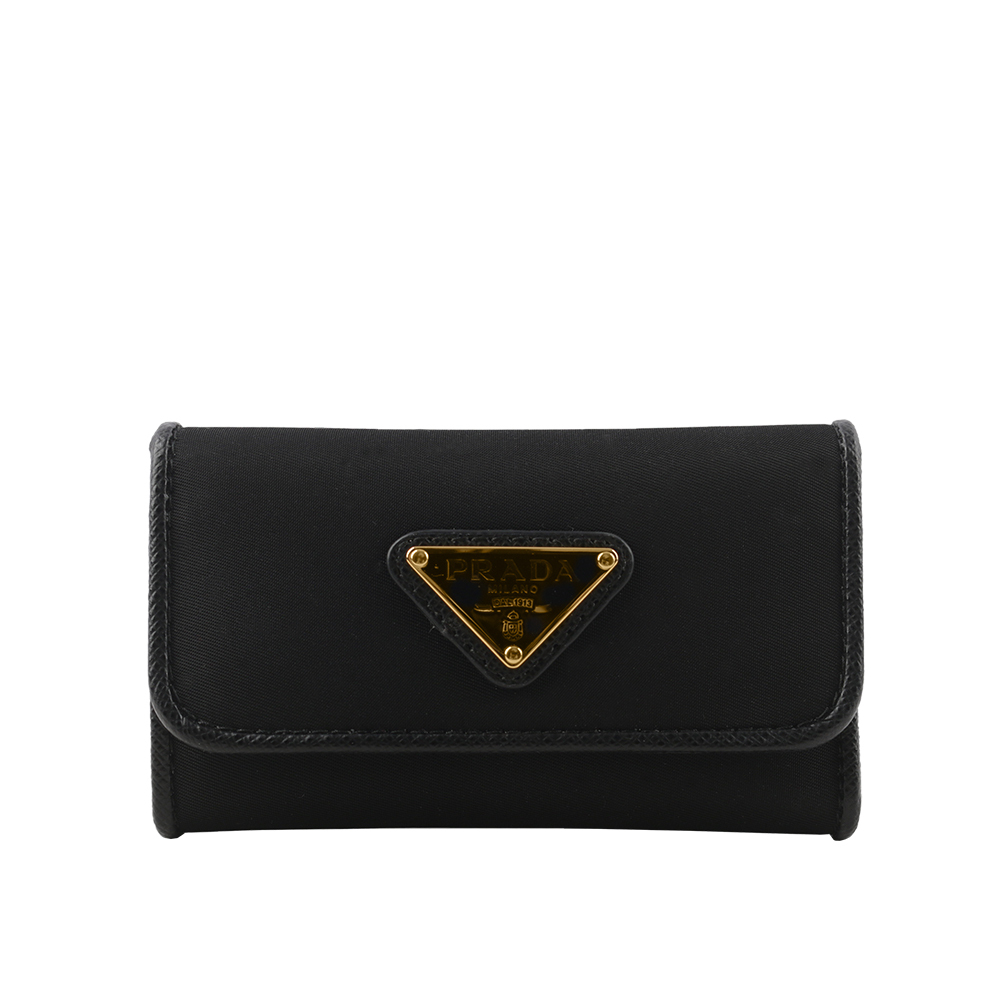 PRADA】金色三角牌Logo 尼龍壓釦六孔鑰匙包(黑色)