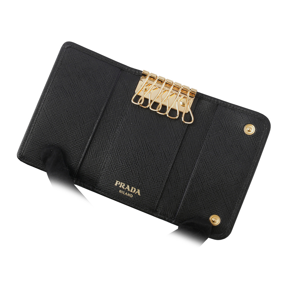 【PRADA】金色三角牌Logo 尼龍壓釦六孔鑰匙包(黑色) 1PG222 UZ0 F0X3X