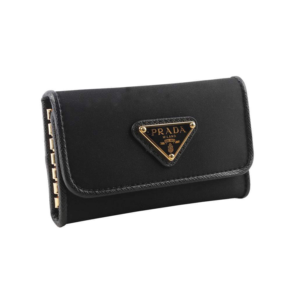 【PRADA】金色三角牌Logo 尼龍壓釦六孔鑰匙包(黑色) 1PG222 UZ0 F0X3X