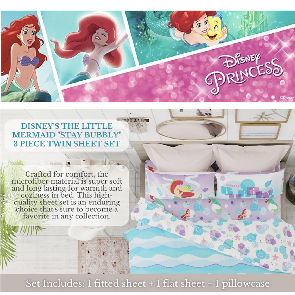 美國 Disney Princess 3 件裝床上套裝 (單人床) - Ariel