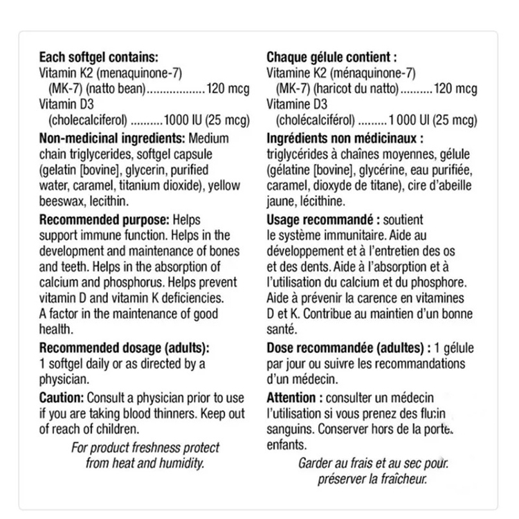 Webber Naturals Vitamin K2+D3 120 mcg / 1000 IU , 220 softgels [EXP：01/2028]