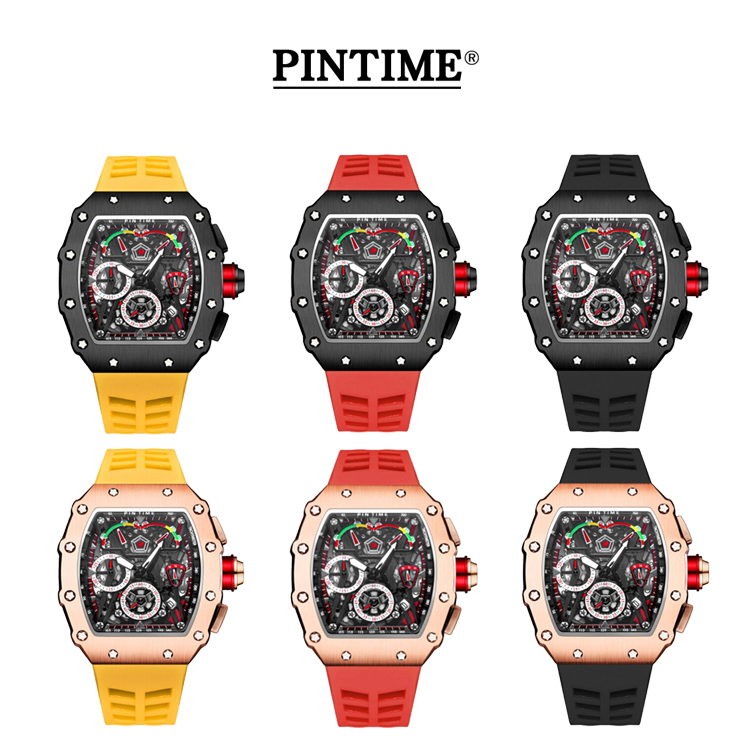 【PINTIME 保時】酒桶型 鏤空錶盤 帶日期  親膚矽膠 夜光腕錶