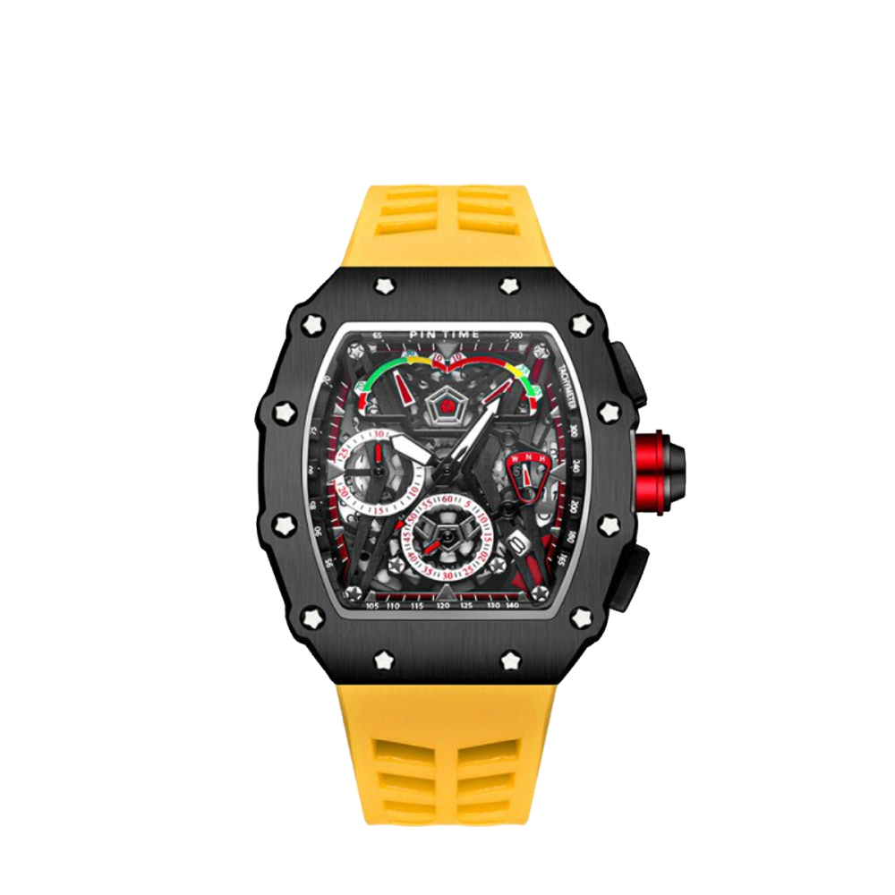 【PINTIME 保時】酒桶型 鏤空錶盤 帶日期  親膚矽膠 夜光腕錶