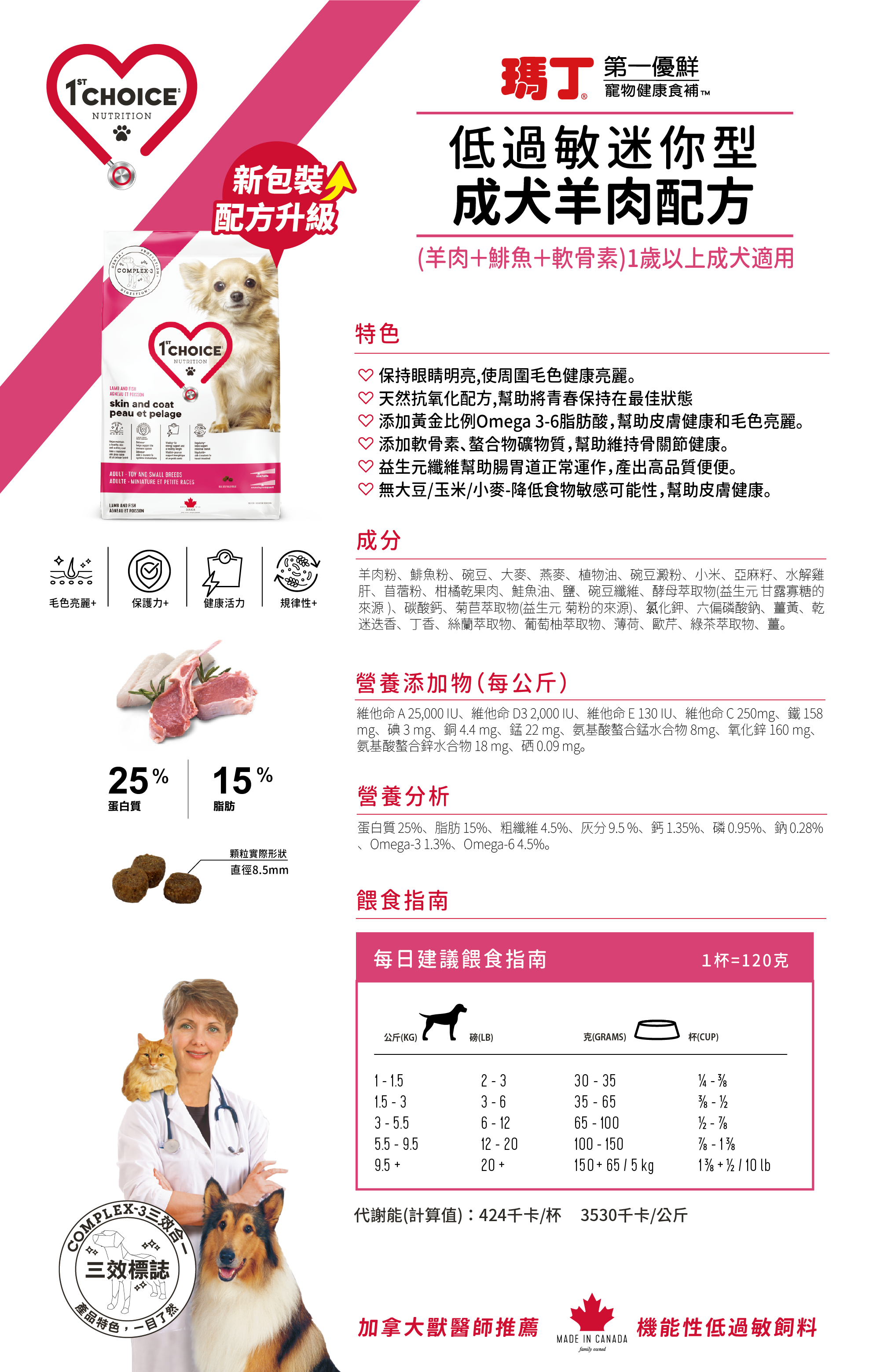 低過敏迷你型成犬羊肉配方 （羊肉＋鯡魚＋軟骨素）幫助眼睛明亮、眼周毛髮健康亮麗。 天然抗氧化配方,幫助將青春保持在最佳狀態 添加黃金比例Omega 3-6脂肪酸，幫助皮膚健康和毛色亮麗。 添加軟骨素、螯合物礦物質，幫助維持骨關節健康。 益生元纖維幫助腸胃道正常運作，產出高品質便便。 無大豆/玉米/小麥-降低食物敏感可能性，幫助皮膚健康。