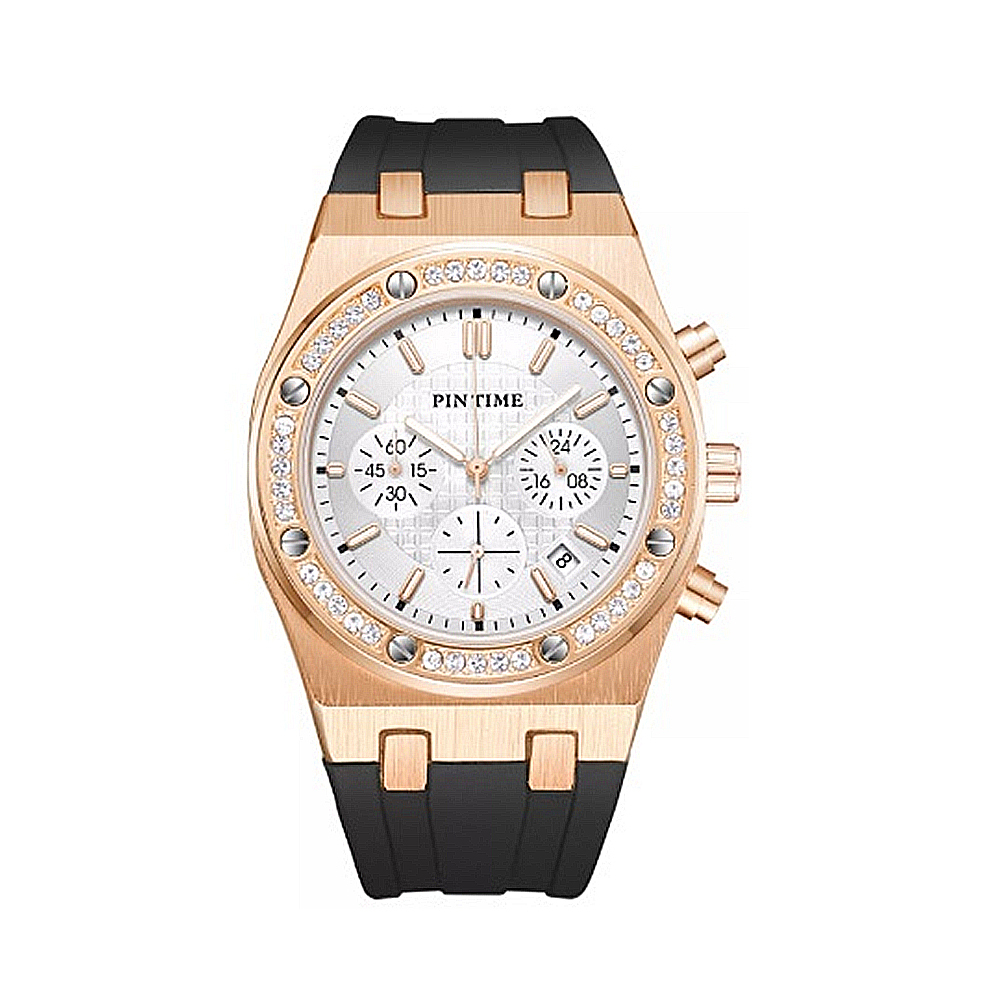 【PINTIME 保時】晶鑽錶盤 皇家橡樹款 真三眼帶日期 矽膠夜光腕錶
