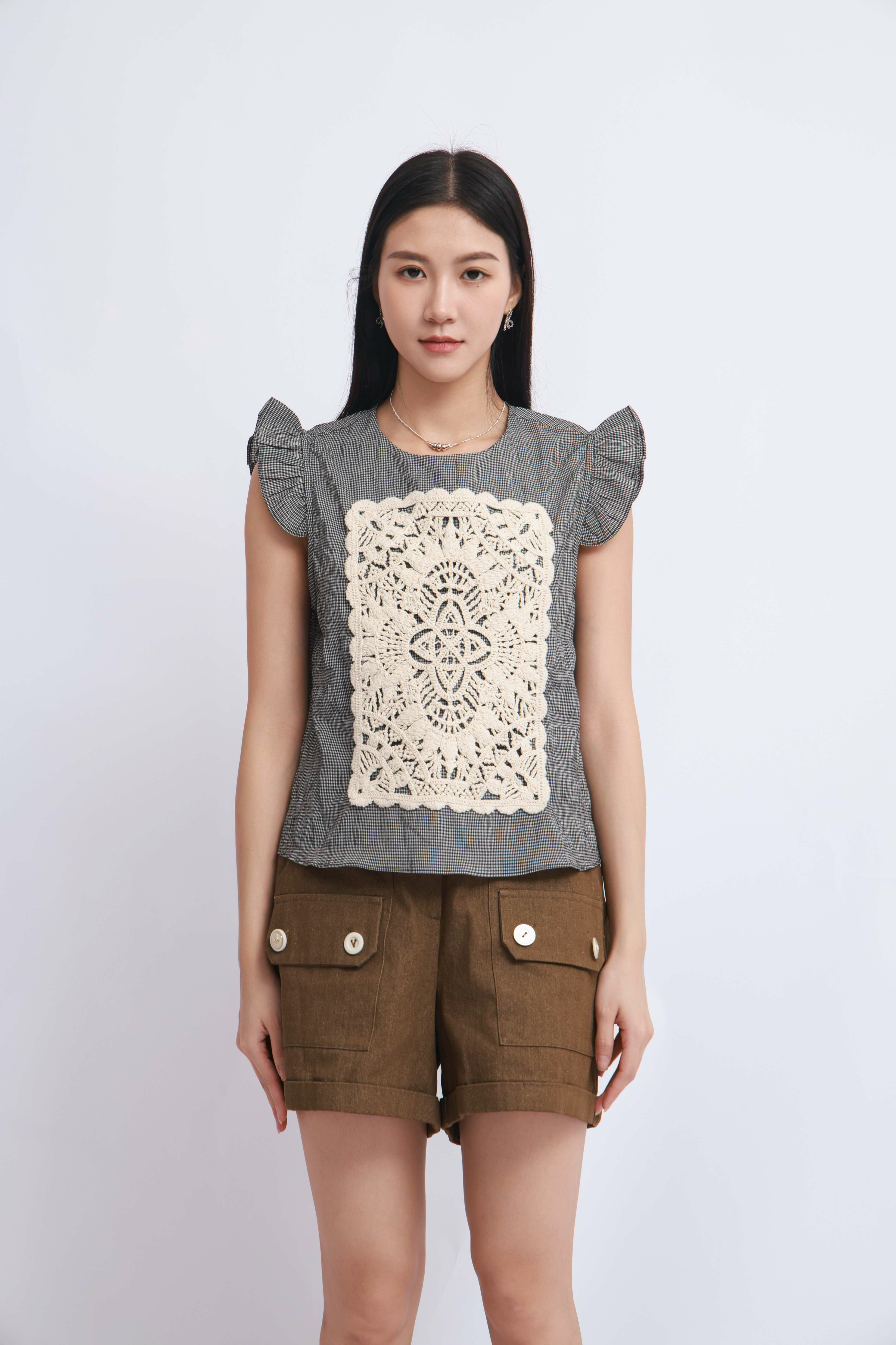 細格仔拼勾花荷葉袖上衣 (現貨款式）