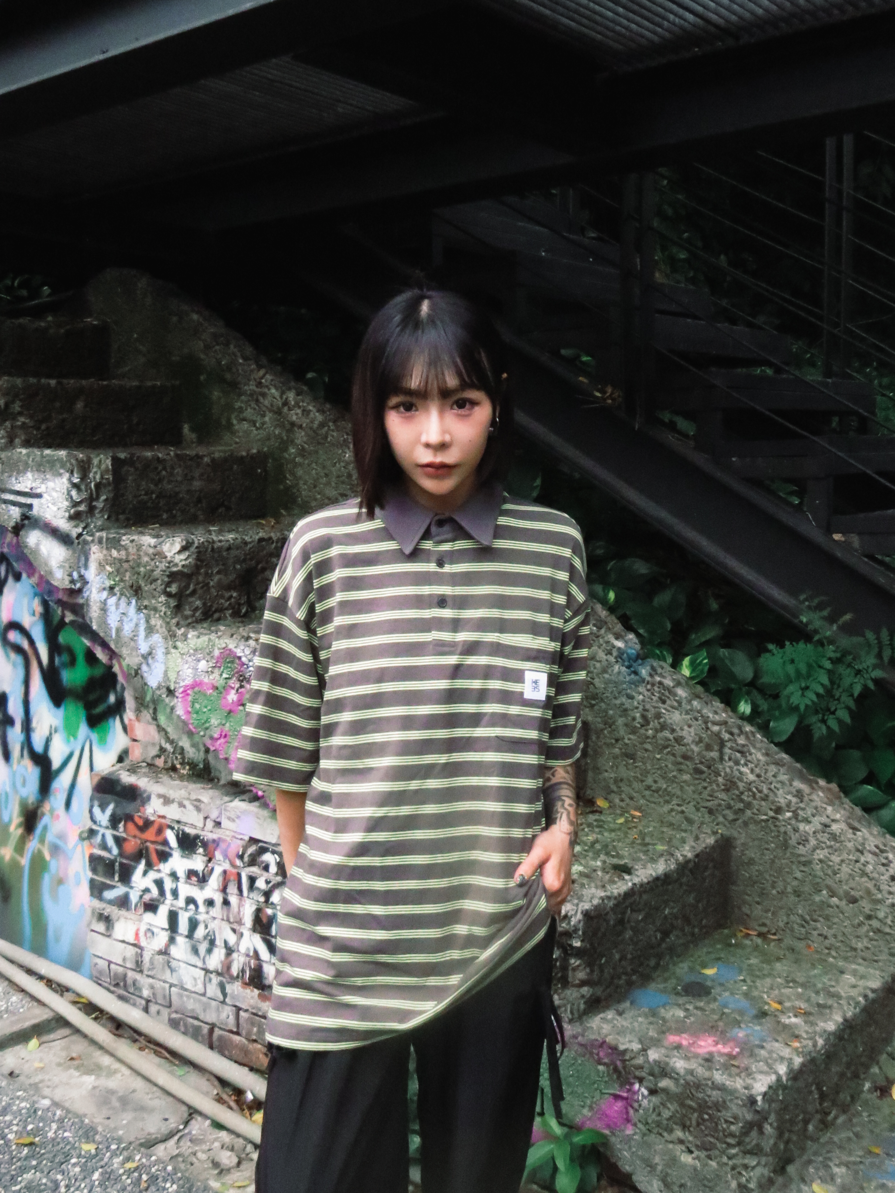 『Always_Good』拼接 口袋 橫條紋 POLO衫 短TEE