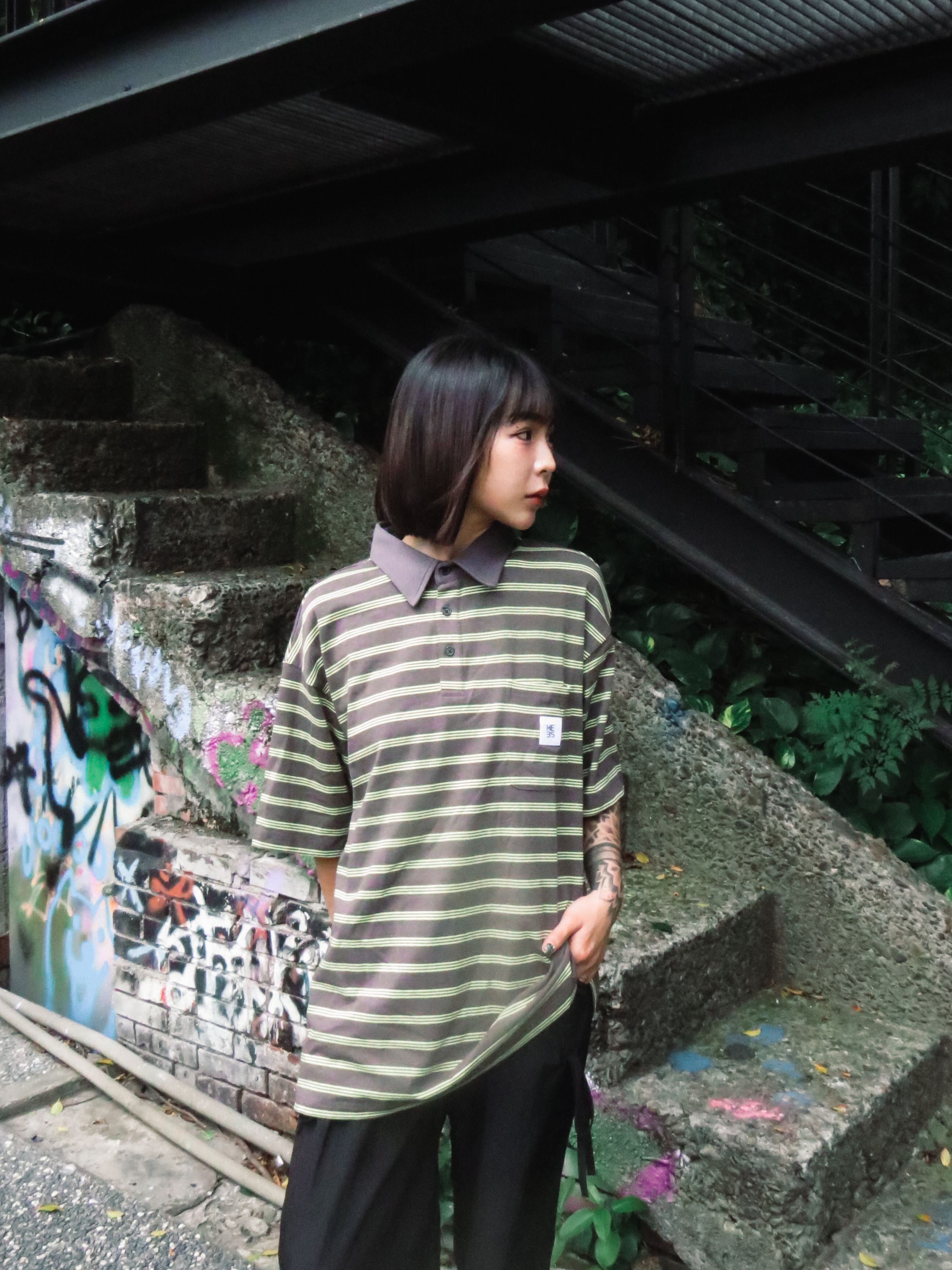 『Always_Good』拼接 口袋 橫條紋 POLO衫 短TEE