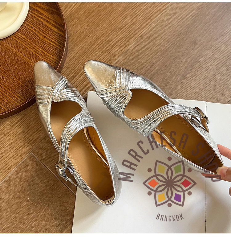 S3141 - 牛皮暗壓線鈄帶尖頭平底鞋