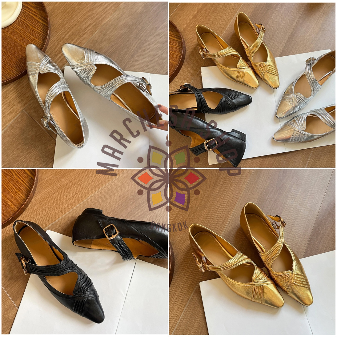 S3141 - 牛皮暗壓線鈄帶尖頭平底鞋