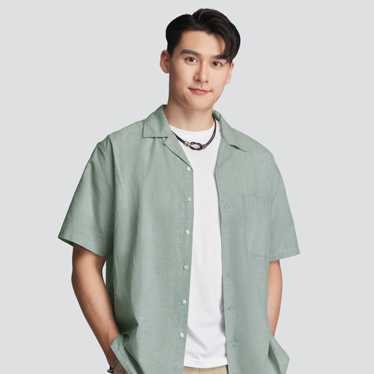 棉麻古巴領短袖襯衫-綠