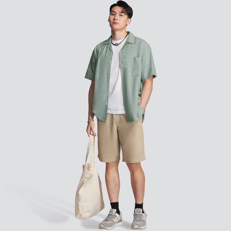 棉麻古巴領短袖襯衫-綠