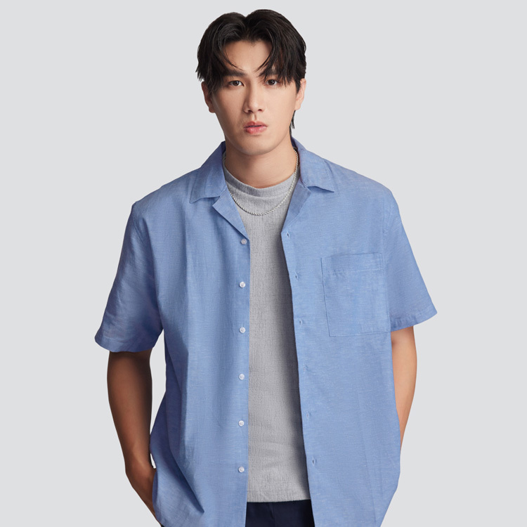 棉麻古巴領短袖襯衫-藍