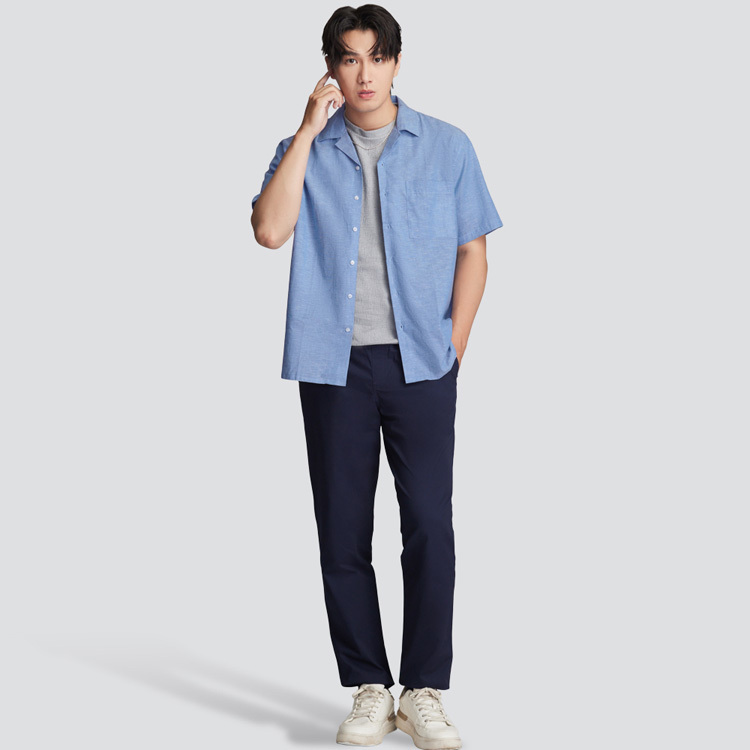 棉麻古巴領短袖襯衫-藍