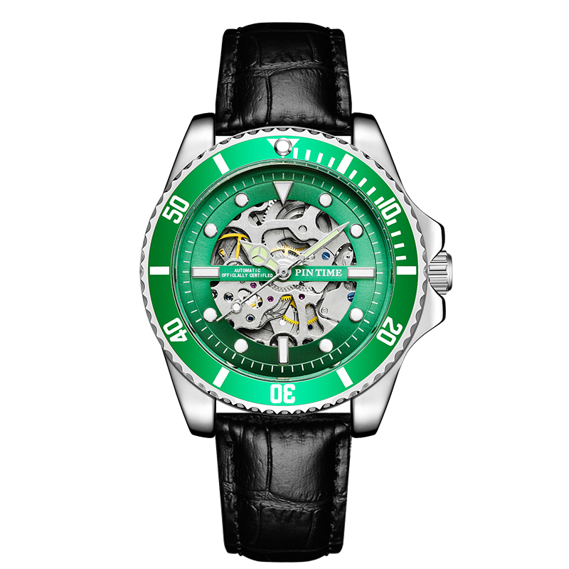 【PINTIME 保時】水鬼款 雙面鏤空 皮革夜光機械錶