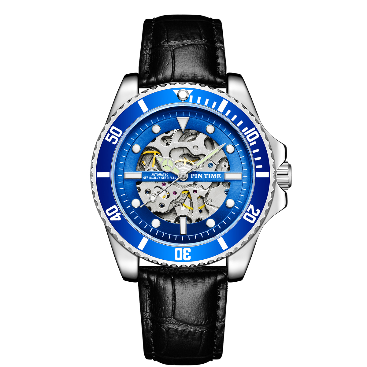 【PINTIME 保時】水鬼款 雙面鏤空 皮革夜光機械錶