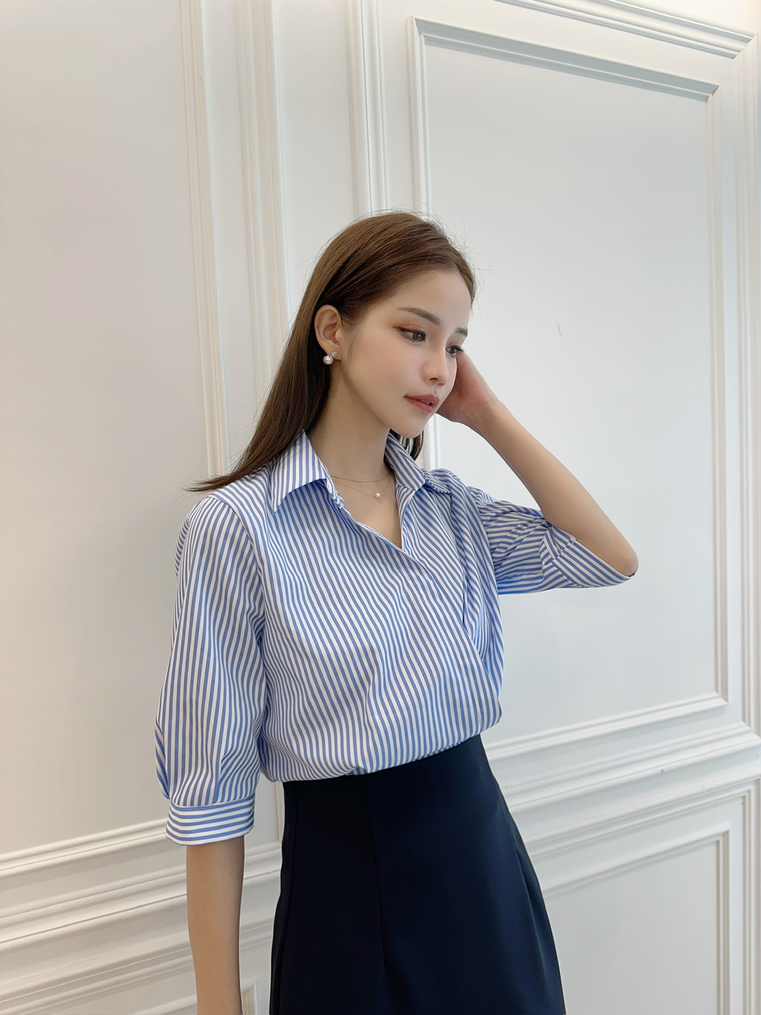 翻領條紋腰身襯衫