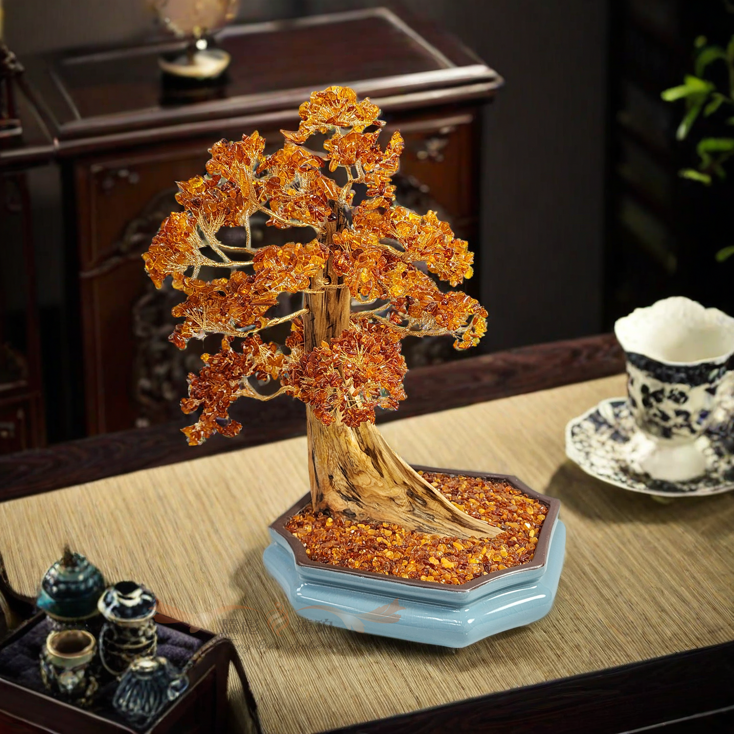 騰彪琥珀 天然琥珀 手作精工 金燦招財樹C款 居家辦公 風水招財 收藏擺件