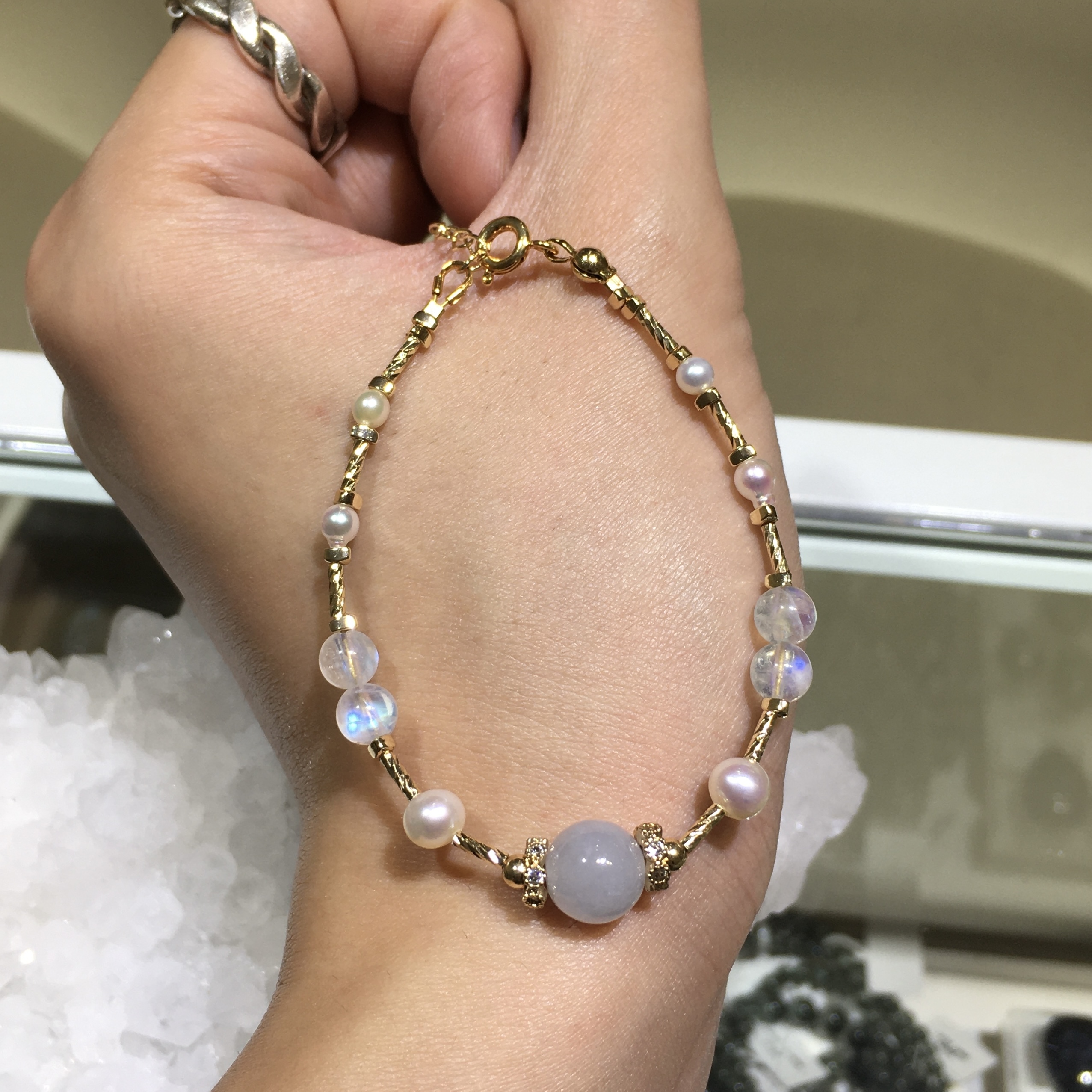 Akoya x 月亮石 x 紫羅蘭手鏈
