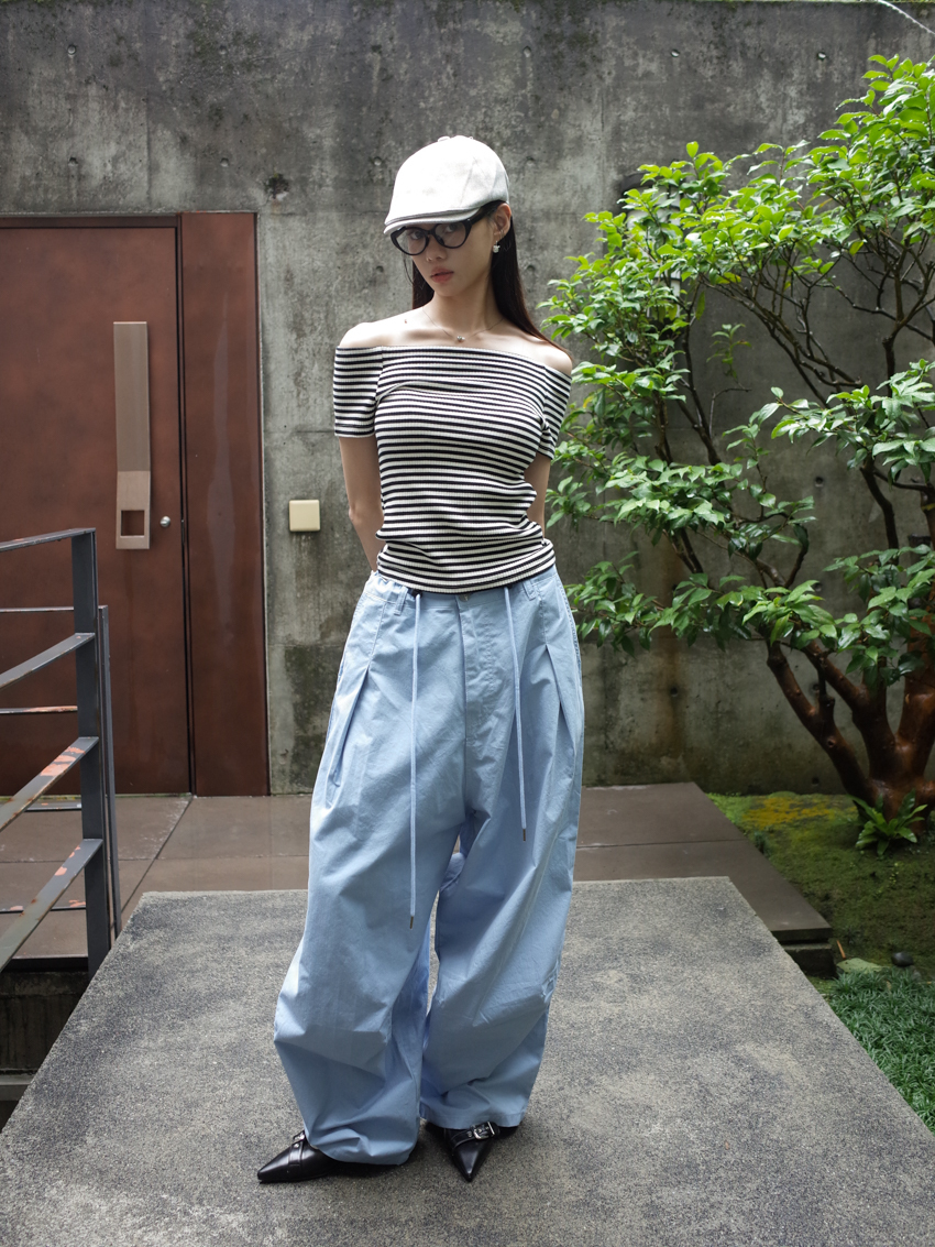 (UNISEX) straight textured waist drawstring balloon pants in LIGHT-BLUE