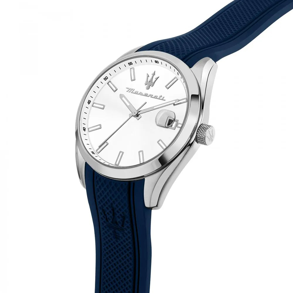 【MASERATI 瑪莎拉蒂】R8851151007 Attrazione 純白錶盤 網格錶帶 日期顯示 矽膠 腕錶