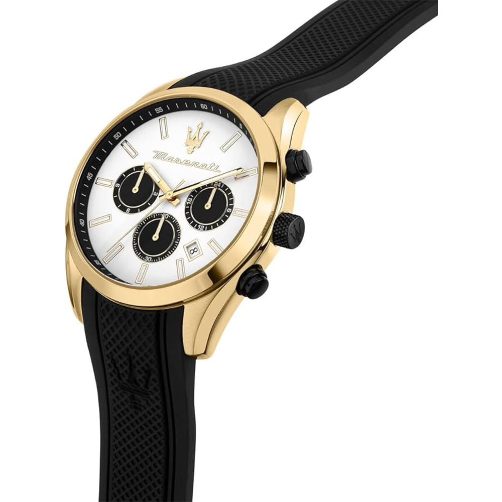 【MASERATI 瑪莎拉蒂】R8851151001 Attrazione 高貴金 網格錶帶 日期顯示 矽膠 腕錶