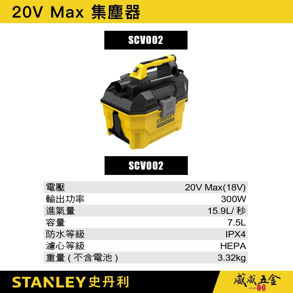 STANLEY 美國 史丹利｜20V 充電式乾濕兩用集塵器 吹吸兩用充電吸塵器｜新鋰電系統｜空機｜SCV002｜公司貨 SCV002N SCV002B｜ST-SCV002