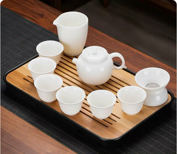 熱推家用辦公陶瓷茶具套裝【描金《燕尾壺》羊脂玉10件套+大長方黑密胺盤】