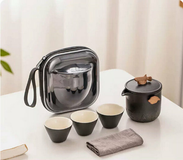 熱推戶外便攜式茶具套裝【黑陶《金龍魚》一壺三杯旅行茶具配包】