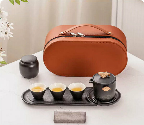 熱推戶外便攜式茶具套裝【黑陶《金龍魚》一壺三杯旅行茶具配包+茶葉罐+幹泡盤】