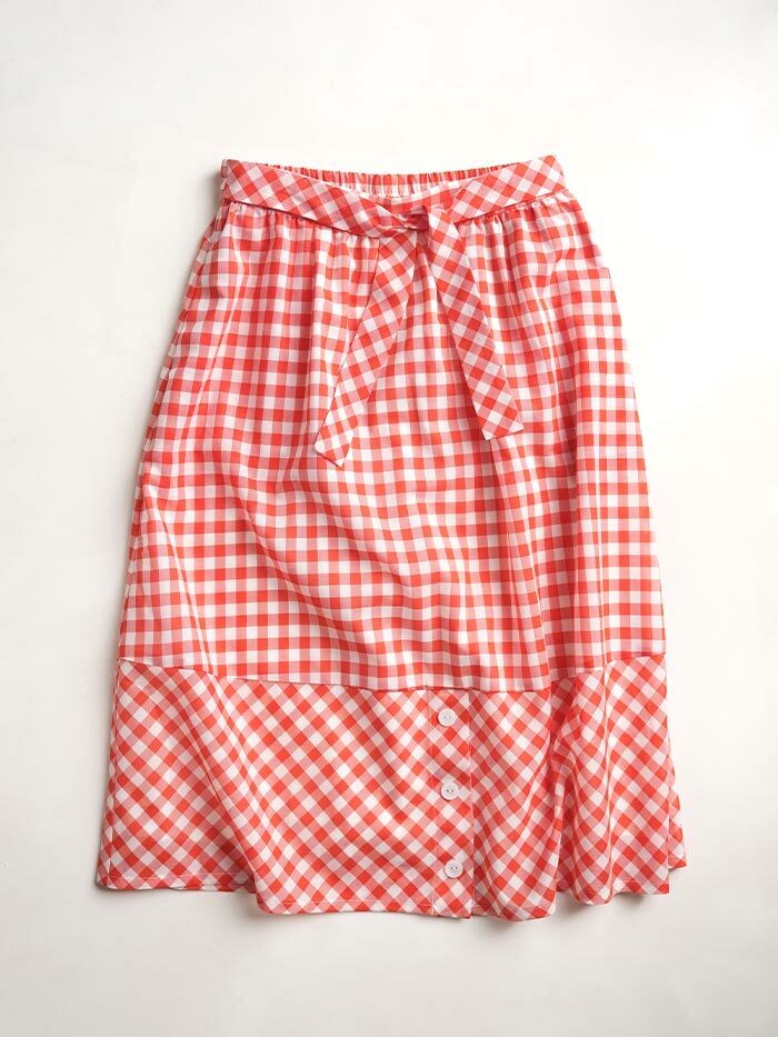 小格綁帶拼接裙-紅白格