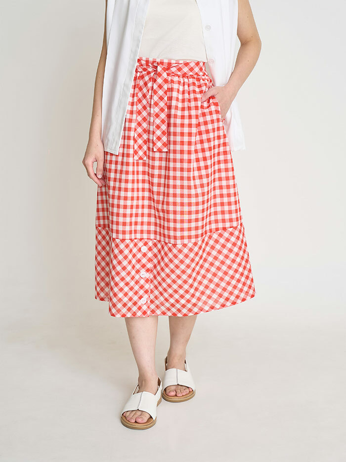 小格綁帶拼接裙-紅白格