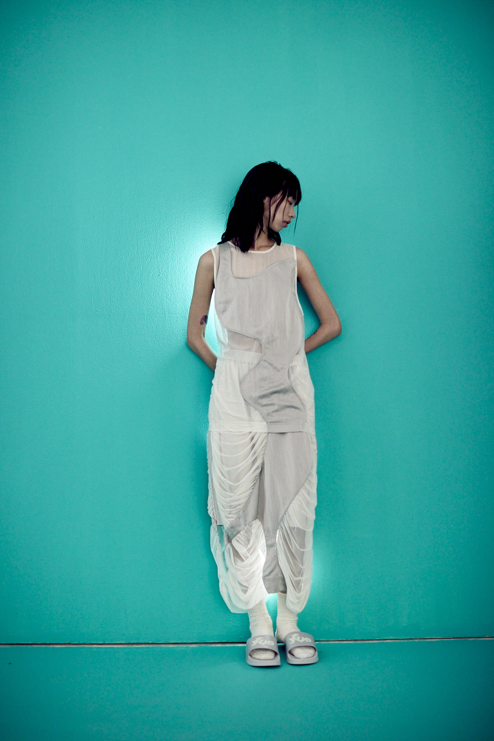 鬆緊皺皺剪接長裙