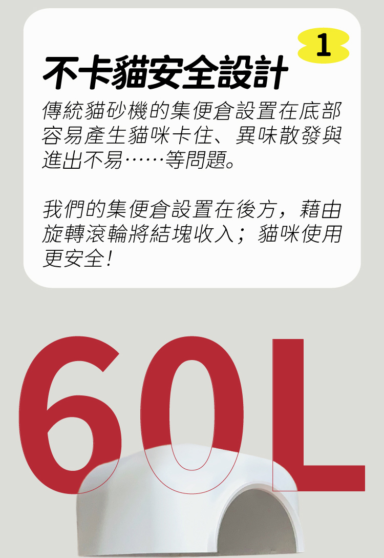 貓砂機特色1:不卡貓安全設計
