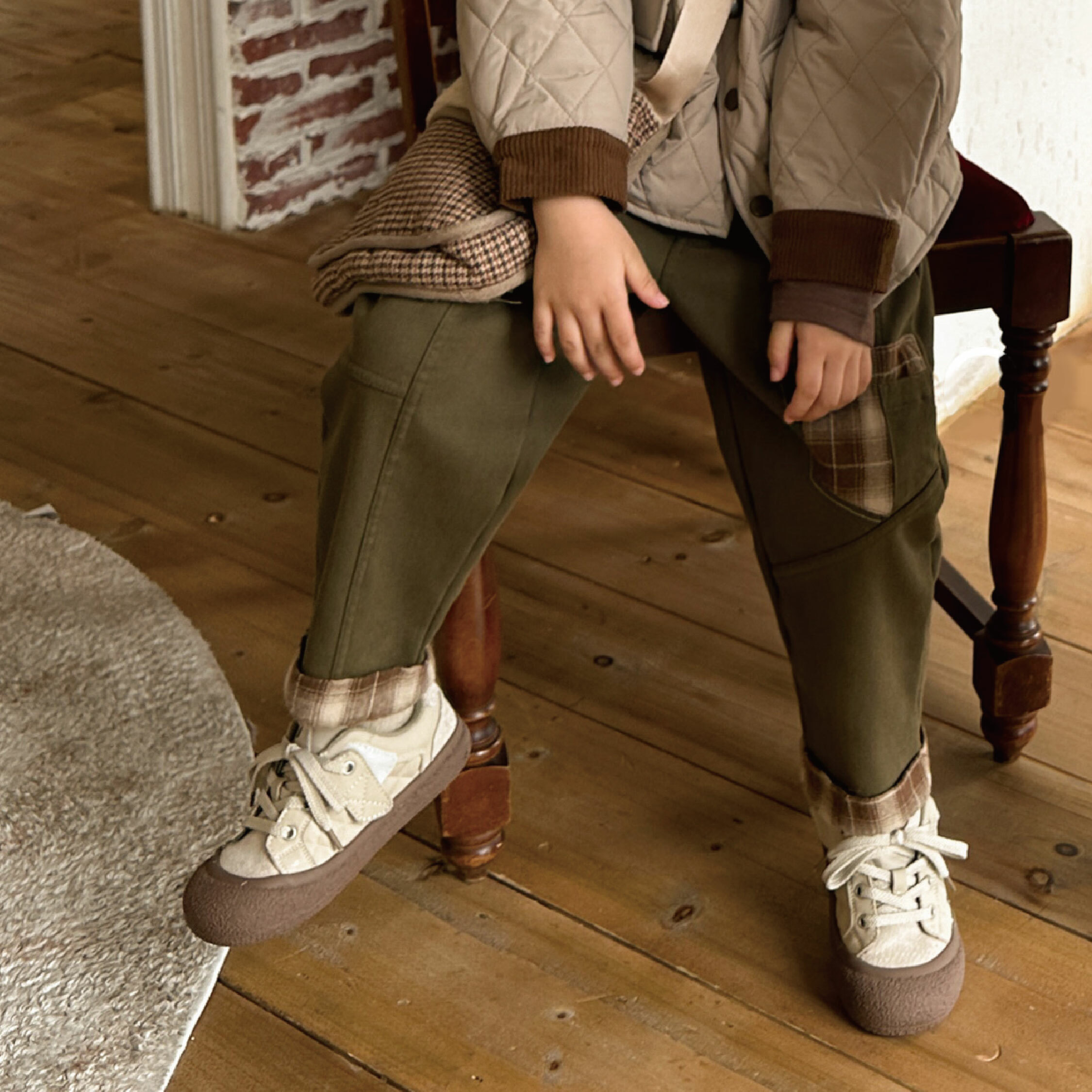 【H35692】日系毛呢格紋造型刷毛長褲