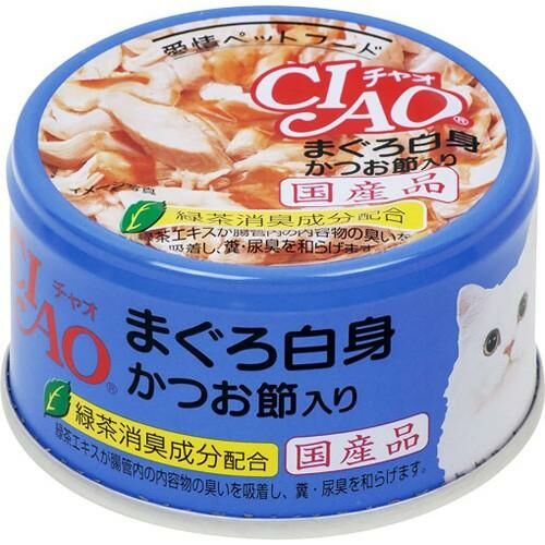 [$216限時優惠]日本CIAO 貓罐 - 白身吞拿魚+木魚片 85g , A-85 (原箱24罐)