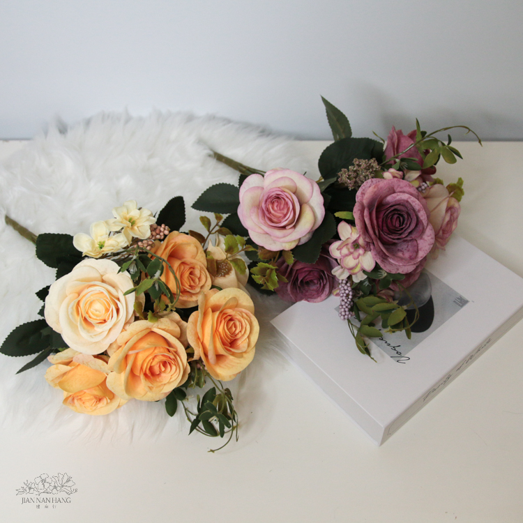 人造花 10頭秋色香檳玫瑰 2色