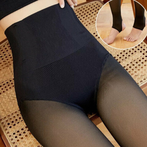 【1 pair】Women's autumn and winter wear velvet belly and hip pants (fishbone high-waisted black translucent foot model)