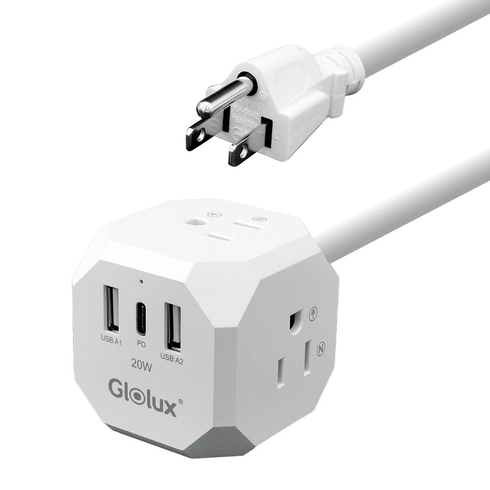 Glolux 流星錘 3面插座3孔3P插頭+2USB + 1Type-C(PD20W)延長線1.5M(5尺) (EC100-20W3AB)
