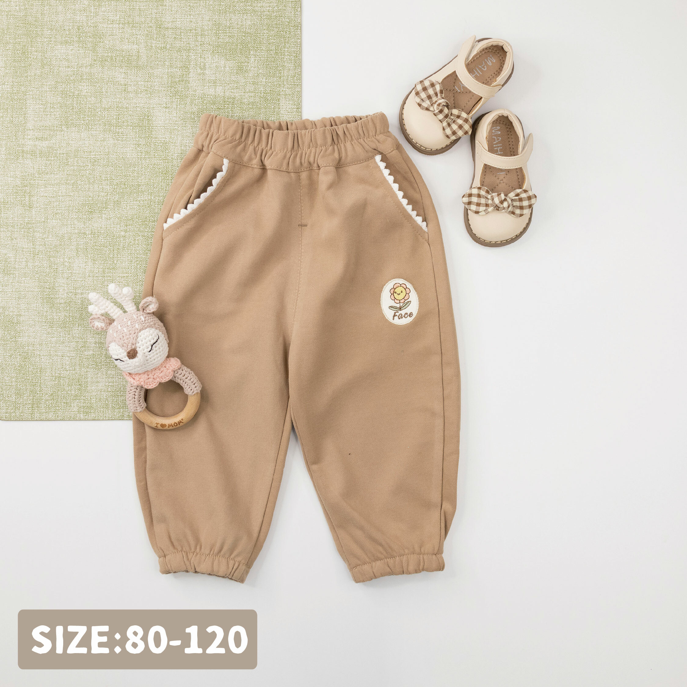 【H35852】微笑花花刺繡舒適縮口褲