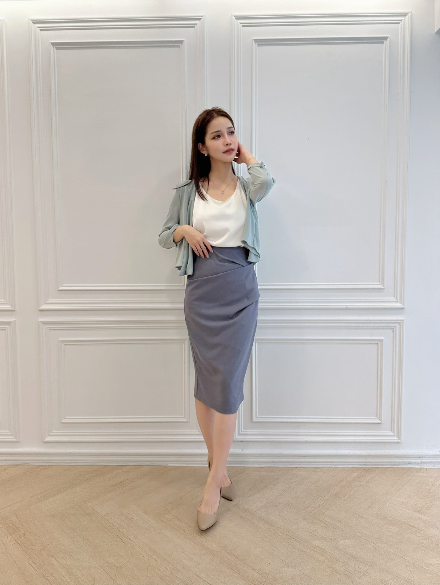 (職場必備)側抓皺合身窄裙