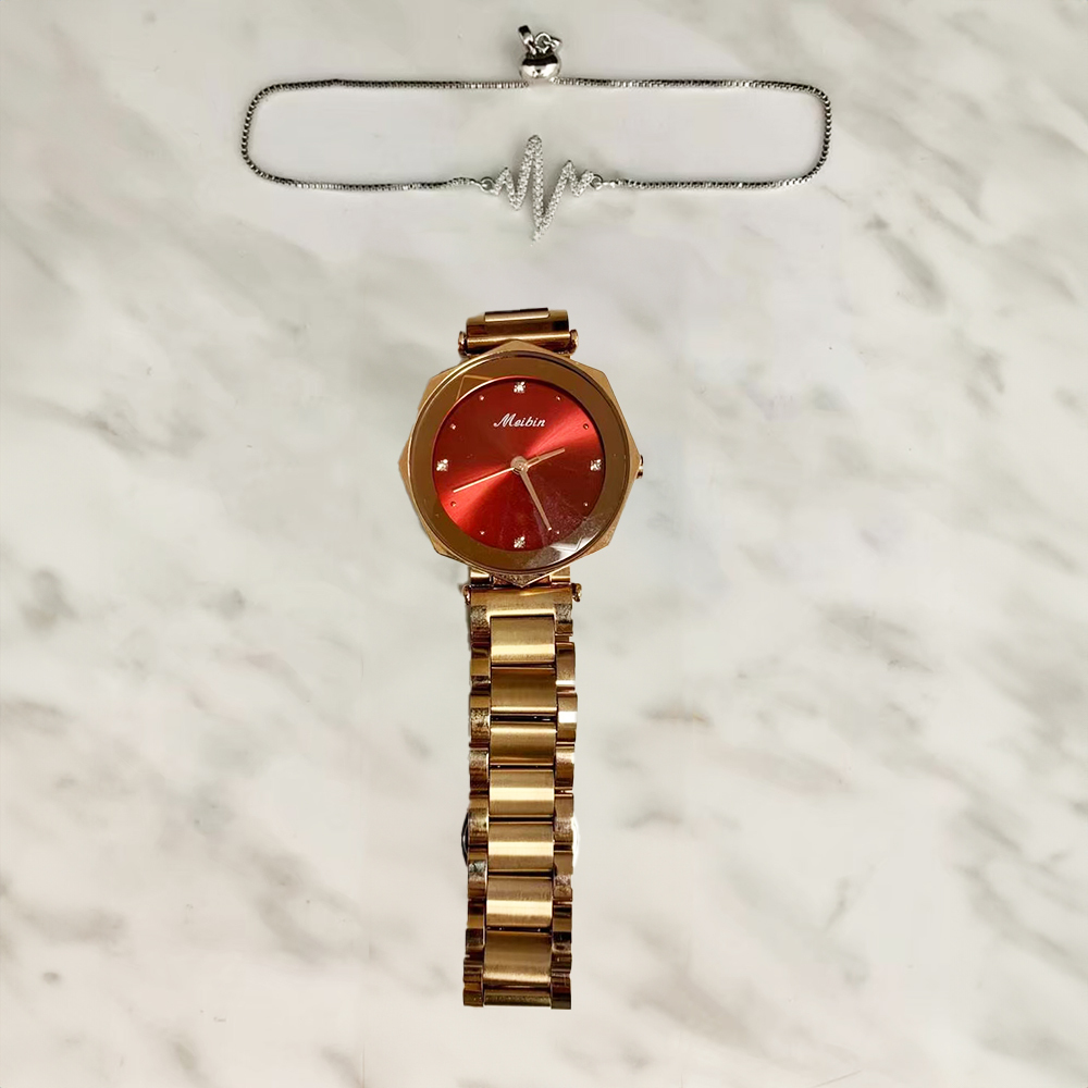 【Mebin 美賓】玫瑰金框 質感紅鏤空造型不鏽鋼腕錶+手鍊組