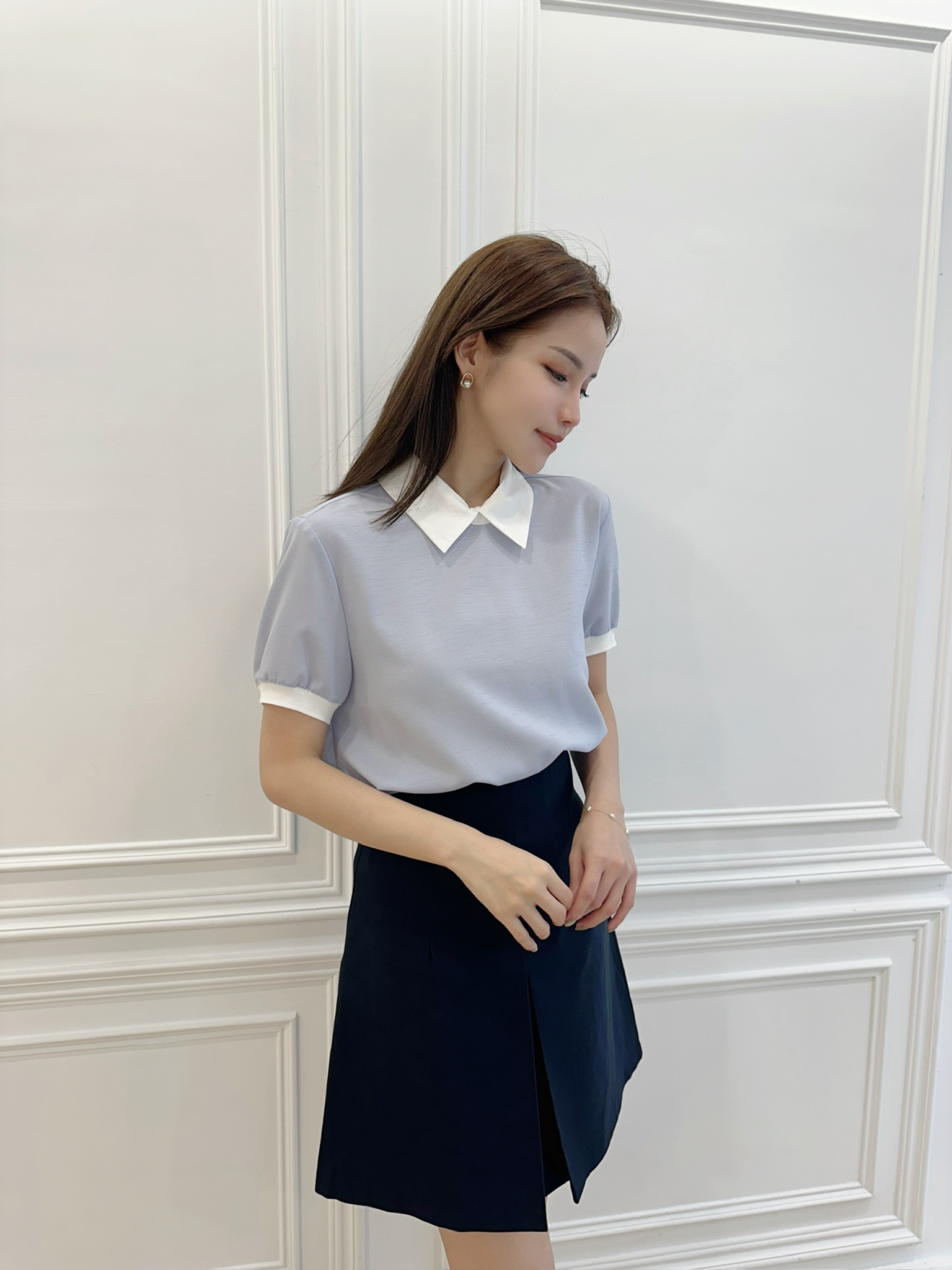 拼接翻領澎短袖上衣