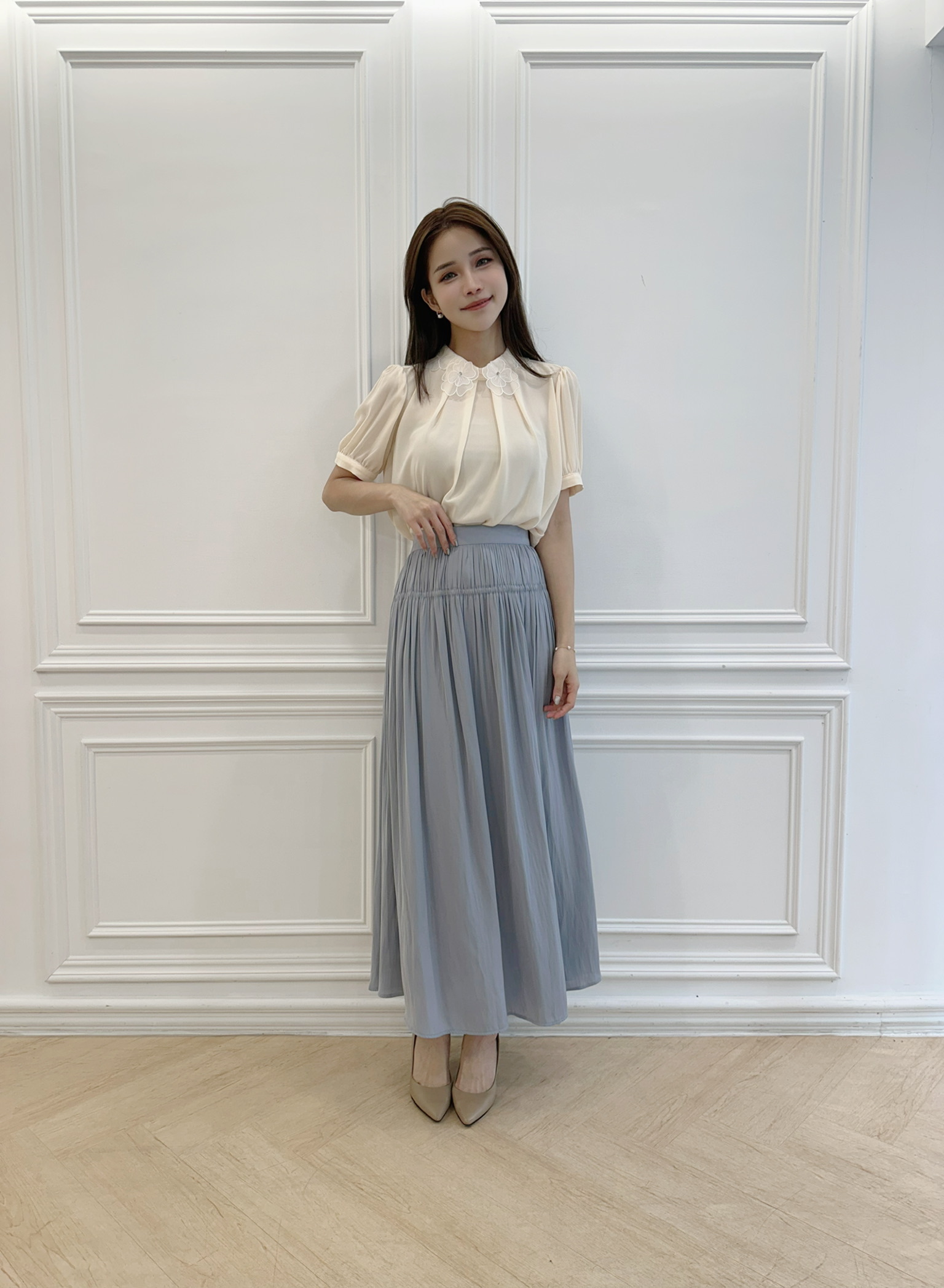 絲光腰間抓皺長傘裙