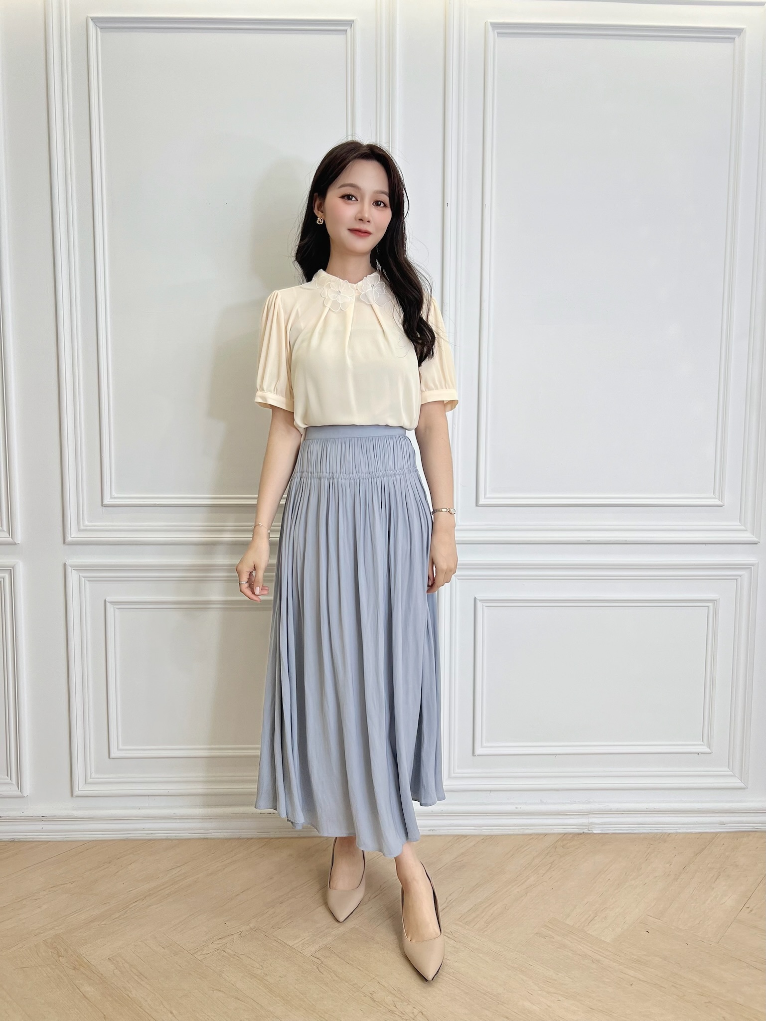 絲光腰間抓皺長傘裙