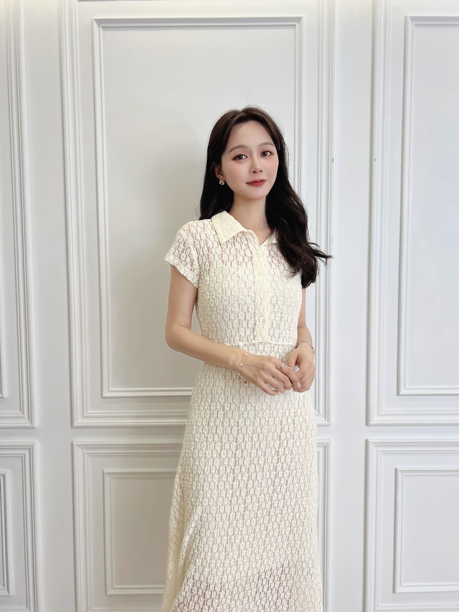 彈性蕾絲短袖傘洋