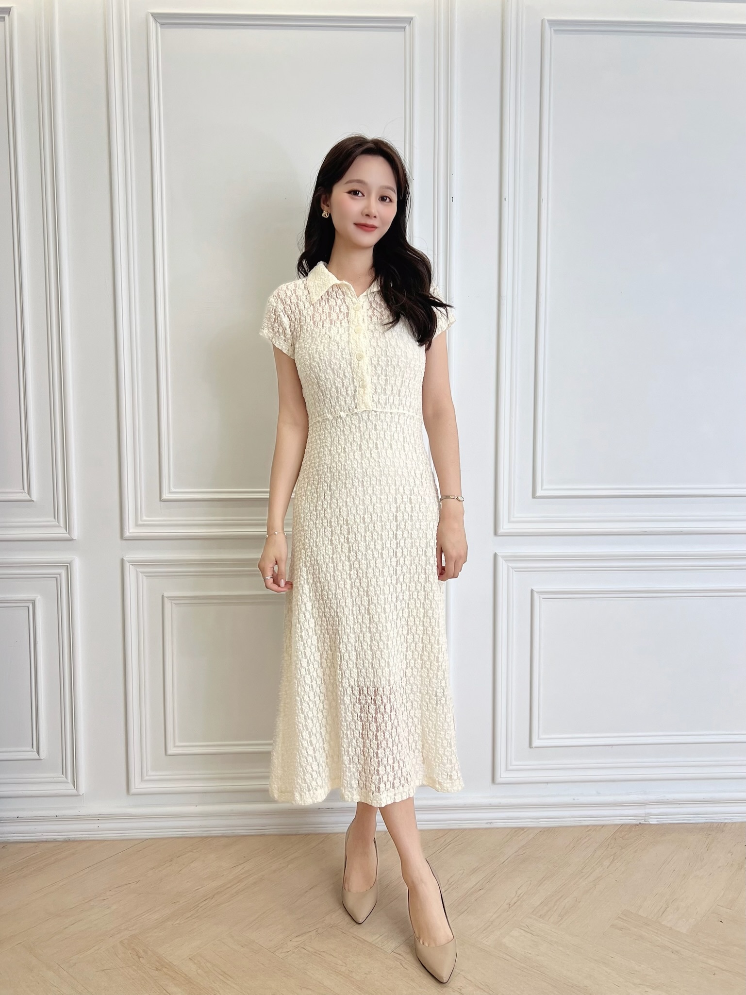 彈性蕾絲短袖傘洋