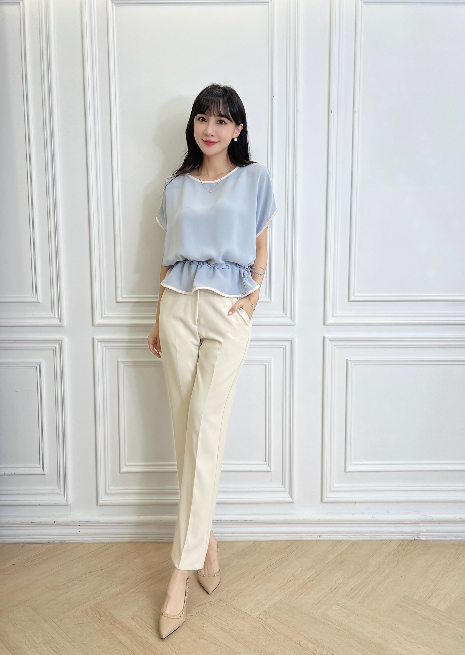 短袖抽繩腰身上衣