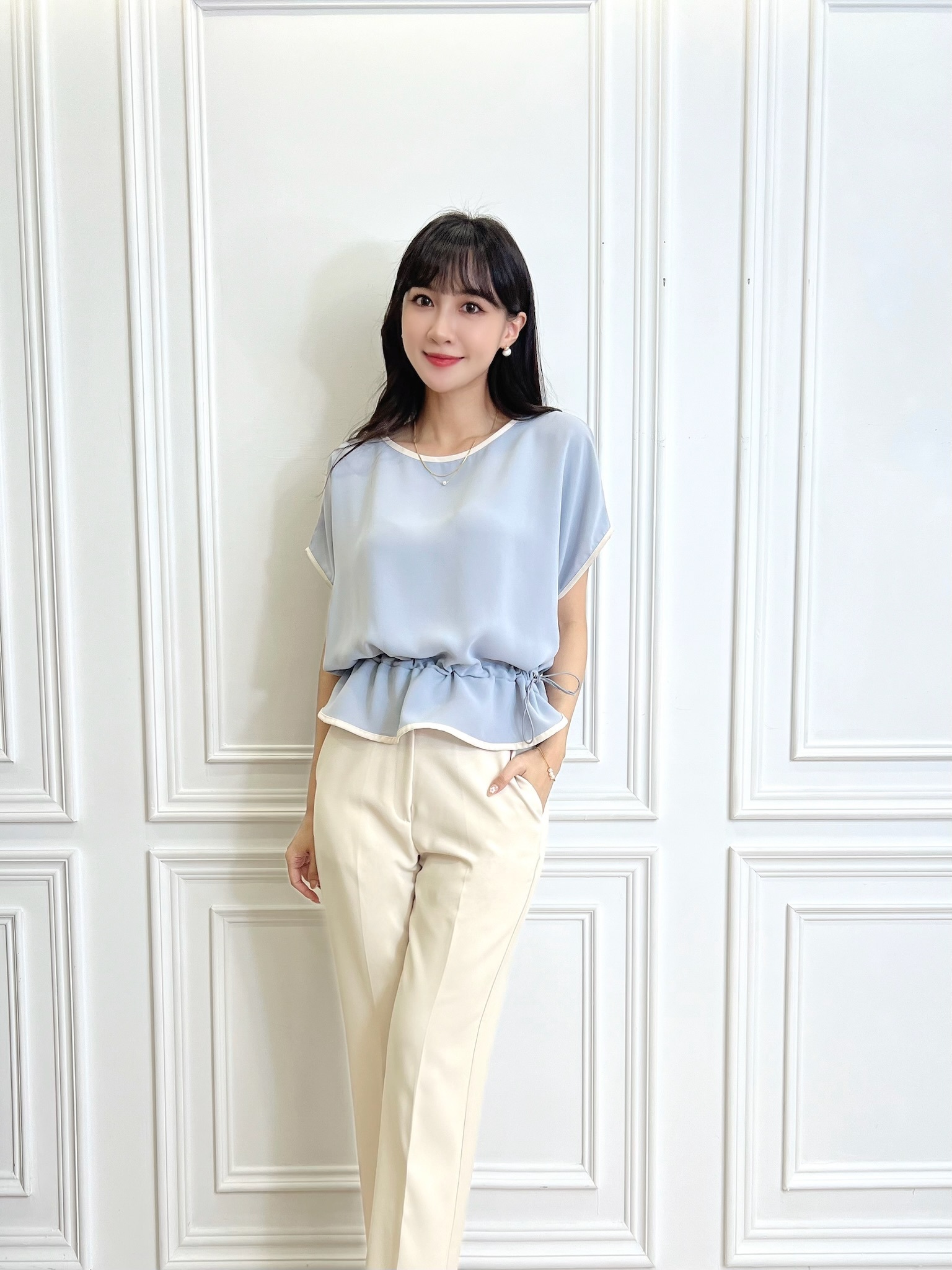 短袖抽繩腰身上衣