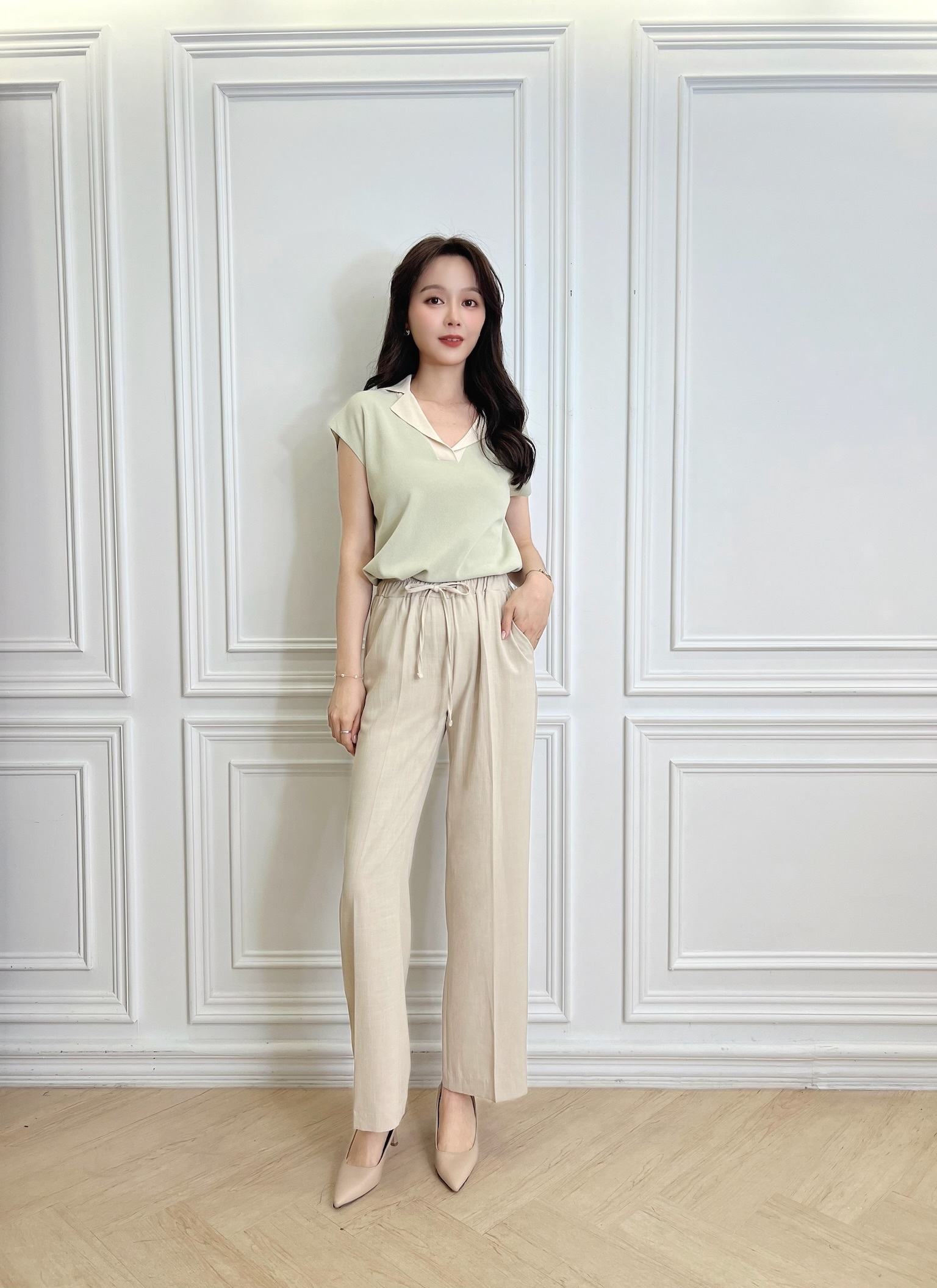 撞色翻領針織上衣